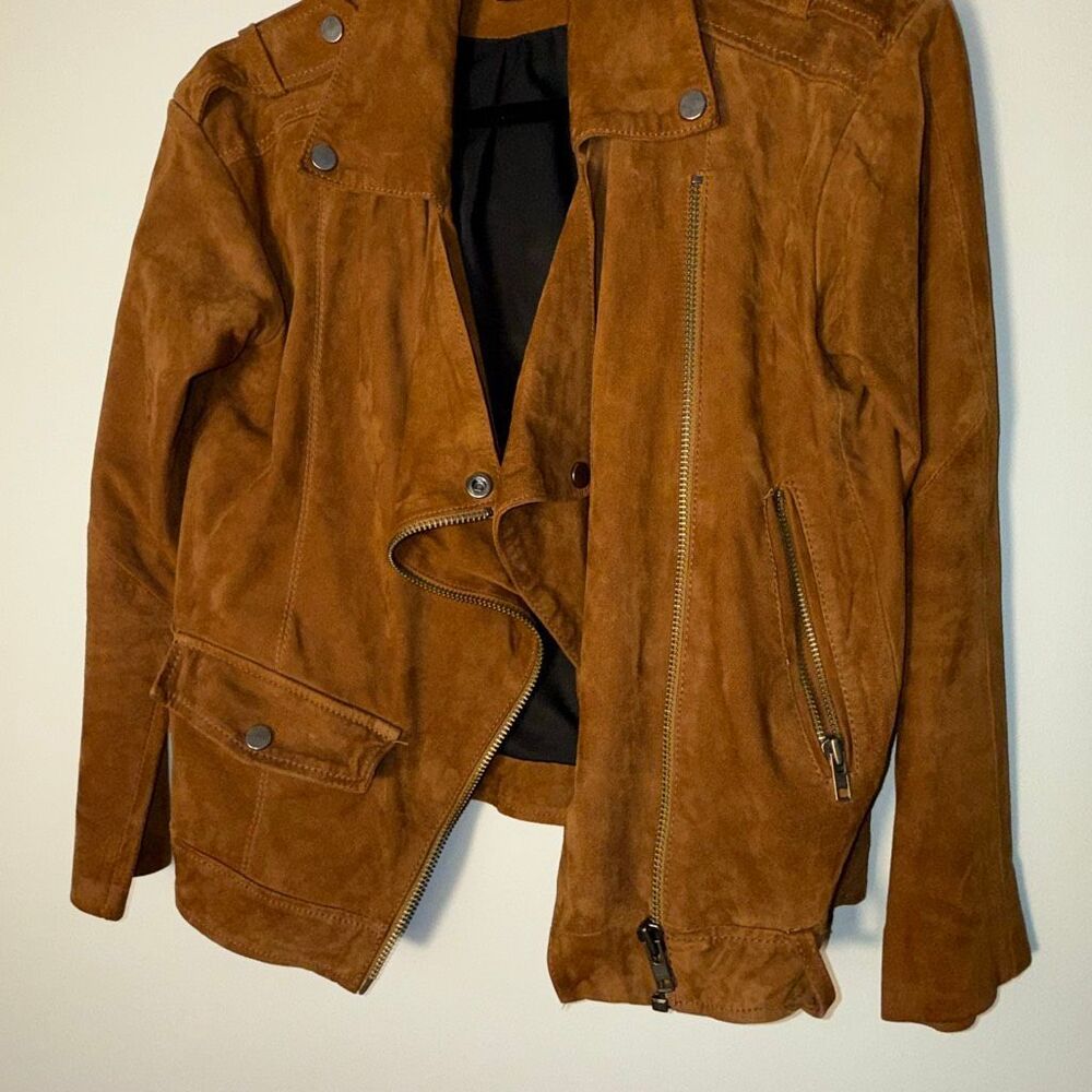 Muubaa Women’s Suede Moto Jacket Size 8 – Tan Brown Asymmetrical Zip Leather Bik - Picture 4 of 14
